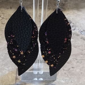 Elegant Black Glitter Leaf Earrings